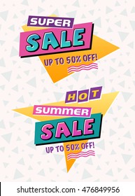 Hot Summer sale. The 90's style label. Vector illustration. 