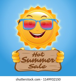 Hot summer sale. Advertising poster design for the summer sale. Happy anthropomorphic sun holds a wooden sign with an inscription. Vector illustration
