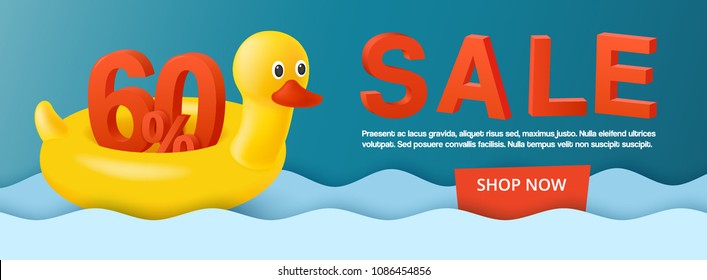 Hot summer sale background with 3d discount 60 percent. Spring banner. Swim ring. The inflatable circle. Yellow duck. Used for covers, flyers, posters, and other printed and web materials.