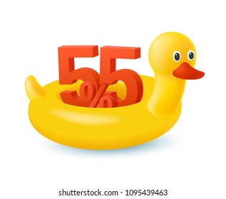 Hot summer sale background with 3d discount 55 percent. Swim ring. The inflatable circle. Yellow duck.  Used for covers, flyers, banners, posters, placards, books and other printed and web materials.