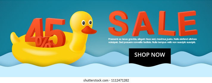 Hot summer sale background with 3d discount 45 percent. Spring banner. Swim ring. The inflatable circle. Yellow duck. Used for covers, flyers, posters, and other printed and web materials.