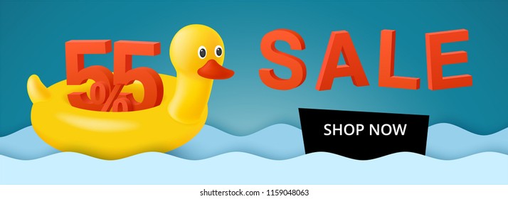 Hot summer sale background with 3d discount 55 percent. Spring banner. Swim ring. The inflatable circle. Yellow duck. Used for covers, flyers, posters, and other printed and web materials.