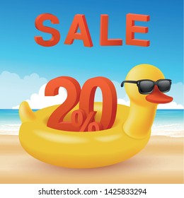 Hot summer sale background with 3d discount 20 percent. Swim ring. The inflatable circle. Yellow duck. Sea, sand and beach. Used for covers, flyers, banners, posters. Web or print. Vector design.
