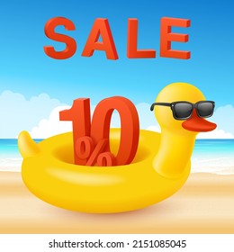 Hot summer sale background with 3d discount 10 percent. Swim ring. The inflatable circle. Yellow duck. Sea, sand and beach. Used for covers, flyers, banners, posters. Web or print. Vector design.