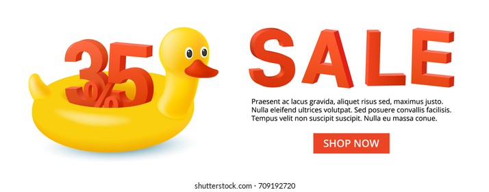 Hot summer sale background with 3d discount 35 percent. Swim ring. The inflatable circle. Yellow duck. Used for covers, flyers, banners, posters, placards, books and other printed and web materials.