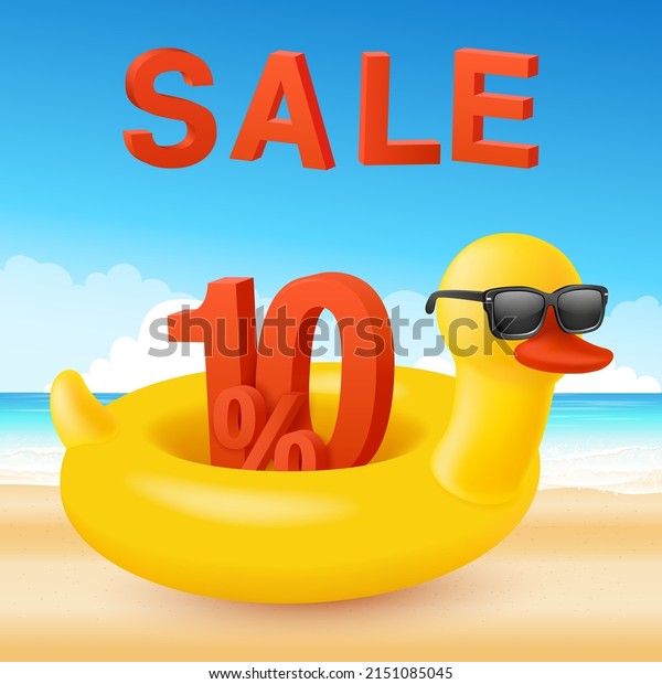 Hot summer sale background with 3d discount 10\
percent. Swim ring. The inflatable circle. Yellow duck. Sea, sand\
and beach. Used for covers, flyers, banners, posters. Web or print.\
Vector design.