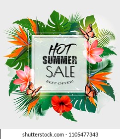 Hot Summer Sale Background With Exotic Leaves And Coloful Flowers. Vector