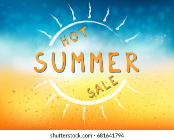 Hot summer sale background with sun and text. Vector illustration of a glowing Summer time background.