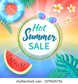 Hot summer sale background with tropical leaves, vanilla flowers, slice of watermelon, sunglasses and lifebuoy. Sun rays, cute summertime backdrop vector