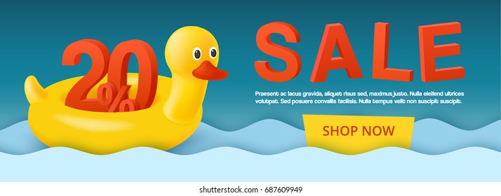 Hot summer sale banner with 3d discount 20 percent. Swim ring. The inflatable circle. Yellow duck. Used for covers, flyers, banners, posters, placards, books and other printed and web materials.