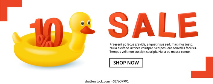 Hot summer sale banner with 3d discount 10 percent. Swim ring. The inflatable circle. Yellow duck. Used for covers, flyers, banners, posters, placards, books and other printed and web materials.