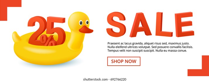 Hot summer sale banner with 3d discount 25 percent. Swim ring. The inflatable circle. Yellow duck. Used for covers, flyers, banners, posters, placards, books and other printed and web materials.