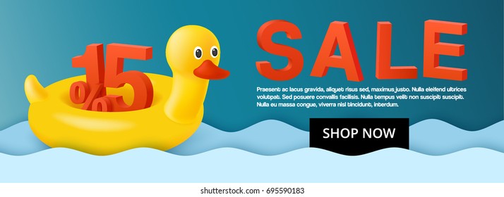 Hot summer sale banner with 3d discount 15 percent. Swim ring. The inflatable circle. Yellow duck. Used for covers, flyers, banners, posters, placards, books and other printed and web materials.