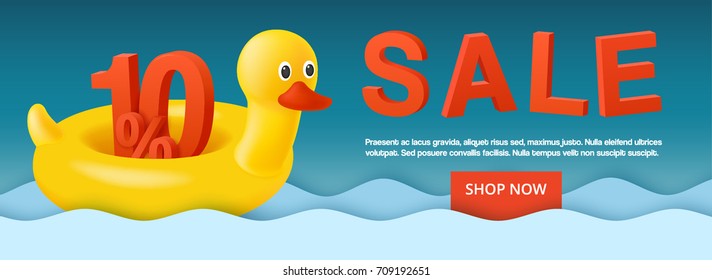 Hot summer sale banner with 3d discount 30 percent. Swim ring. The inflatable circle. Yellow duck. Used for covers, flyers, banners, posters, placards, books and other printed and web materials.