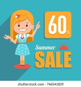 Hot summer sale banner. Advertising shopping banner with pretty girl character. Big summer sale. Discount 60. Seasonal sale.Illustration for for online shop, newsletter or email marketing, advertising