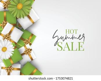 Hot Summer Sale banner background. Green and white daisy flowers and gift boxes. Realistic vector illustration with lettering.