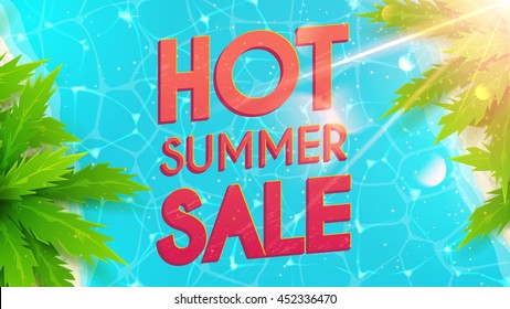 Hot summer sale banner. Beautiful background on the sea topic with palm trees. Vector discount illustration. Hello Summer Holiday backdrop.