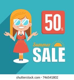 Hot summer sale banner. Big summer sale. Discount 50. Advertising shopping illustration with blonde girl in sunglasses for your designs