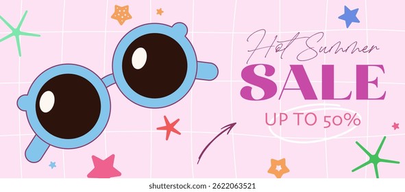 Hot summer sale banner with blue round sunglasses. Pastel grid background cartoon style