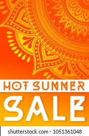 "Hot summer sale" banner design template for promotion with vector illustration of sunny mandala ornament on hot and deep background.