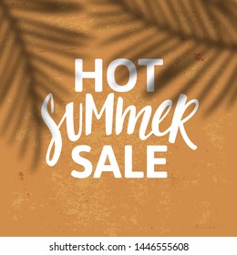 Hot Summer Sale Banner Design. Hand Drawn Text on Wall with Realistic Shadows of Palm Leaves. Background with Transparent Shadow Overlay Effect. Vector Advertising Illustration.