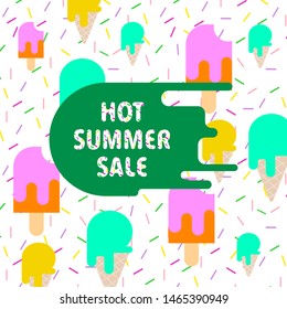 Hot summer sale banner design with ice cream colorful background pattern, ad design for banner, flyer, invitation, poster, web site or greeting card.  Vector promotional illustration.