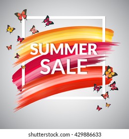 Hot Summer Sale Banner design for promotion, store, retail. Frame, vector brush strokes  and butterflies. Colorful red, yellow and orange background.  Isolated