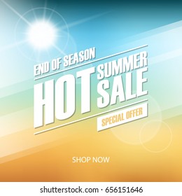 Hot Summer Sale banner. End of season special offer. Banner for business, promotion and advertising. Blurred background. Vector illustration.