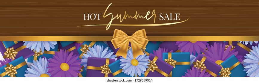 Hot Summer Sale banner or header. Purple and blue daisy flowers and gift boxes. Realistic vector illustration with lettering. Discount concept background design.