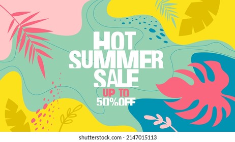 Hot summer sale banner. Hello Summer Sale poster. Trendy texture. Season vocation, weekend, holiday logo icon. Summer Time Wallpaper. Happy shiny Day. Plant floral design. Fashionable style. 