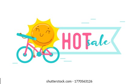 Hot Summer Sale Banner with Kawaii Sun Personage Riding Bicycle Isolated on White Background. Cute Cartoon Character Summertime Holidays Activity, Biking Spare Time Discount Offer. Vector Illustration