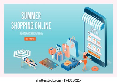 Hot Summer Sale banner layout design. Online shopping with mobile phone, swim ring, Ball, woman holding surfboard and credit card.
 Vector illustration EPS 10