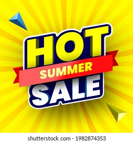 Hot Summer Sale Banner On Yellow Striped Background. Vector Illustration.