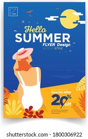 Hot Summer Sale banner. Season vocation, weekend, holiday logo. Summer Time Wallpaper. Happy shiny Day. Modern vector Lettering. Fashionable styling,girl in bright dress.