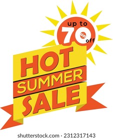 Hot summer sale banner with sun sign. Red yellow promotional lebel