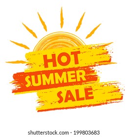 hot summer sale banner - text in yellow and orange drawn label with sun symbol, business seasonal shopping concept, vector