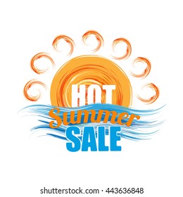 hot summer sale banner - text in blue orange stylized sun and wave symbol, business seasonal shopping concept, vector