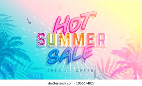 Hot Summer Sale banner. Trendy texture. Season vocation, weekend, holiday logo. Summer Time Wallpaper. Happy shiny Day. Modern vector Lettering. Fashionable styling.  - Shutterstock ID 1066674827