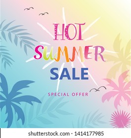 Hot Summer Sale Banner. Trendy Texture. Season Vacation, Weekend, Holiday Logo. Summer Time Happy Modern Vector Lettering. Fashionable Styling. Beautiful Sky In The Summer