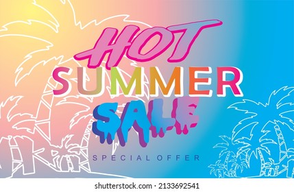 Hot Summer Sale banner. Trendy texture. Season vocation, weekend, holiday logo. Summer Time Wallpaper. Happy shiny Day. Modern vector Lettering. Fashionable styling.