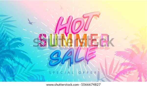 Hot Summer Sale banner.\
Trendy texture. Season vocation, weekend, holiday logo. Summer Time\
Wallpaper. Happy shiny Day. Modern vector Lettering. Fashionable\
styling. 
