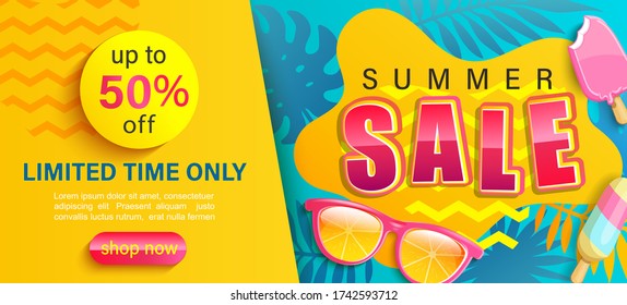 Hot Summer Sale banner,shop now with up to 50 percent limited time discount,season promo with tropical leaf,ice cream,sunglasses.Invitation for shopping,template for design flyer,special offer.Vector