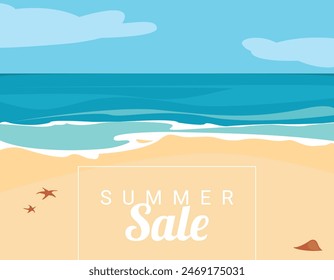 Venta de verano caliente, playa de verano, Anuncio promocional, paraíso de vacaciones de la naturaleza, océano o mar costa, fondo, Ilustración vectorial