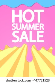 Hot Summer Sale, blueberry and strawberry melted cream on striped background, brochure design, size A4, vector illustration