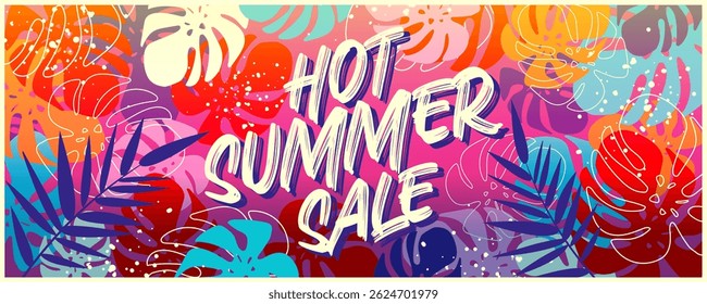 Hot Summer sale concept design, abstract plant illustration with jungle exotic leaves, colorful design, summer background. Modern art minimalist style design template for sales, poster, header, art