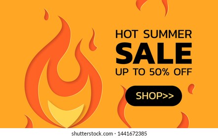 Hot summer sale concept. Horizontal template for banners, posters, flyers. Vector illustration in paper cut style.