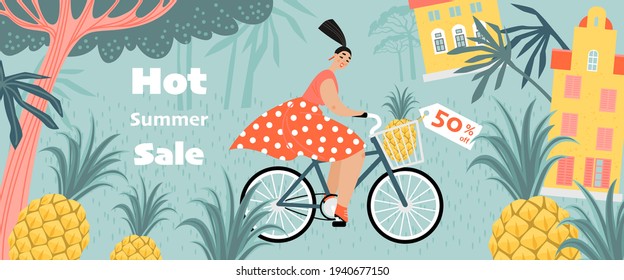Hot summer sale concept. Vector banner template with a girl riding a bike and juicy pineapples on the background of a summer landscape.
Illustration in cartoon style