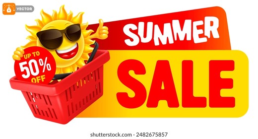 Hot summer sale conceptual banner template. Funny smiling and happy sun character in sunglasses sitting in the red shopping basket, shows percentage of discount and ok gesture. Vector illustration