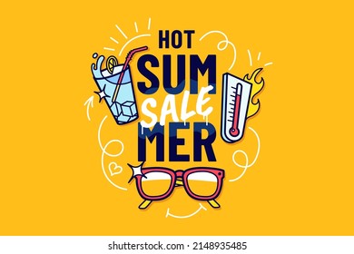 Hot Summer Sale creative illustration with lettering, cocktail, sunglasses and thermometer. Summer time promo banner with doodle design elements. Ideal for print, flyer, poster. Vector illustration.