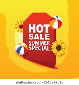 Hot Summer Sale emblem, stamp, imprint, label, sticker with palm trees, sand and HOT Summer SALE lettering